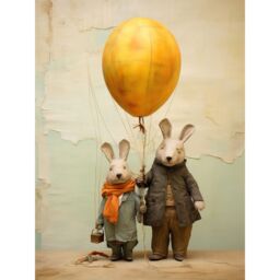 "Artery8 Wall Art Print Cute Nursery Artwork Rabbits & Balloon Adventure Oil Painting Poster in Yellow - Size: W18"" x H24""" - thumbnail 1