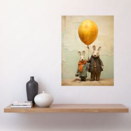 "Artery8 Wall Art Print Cute Nursery Artwork Rabbits & Balloon Adventure Oil Painting Poster in Yellow - Size: W18"" x H24""" - thumbnail 2