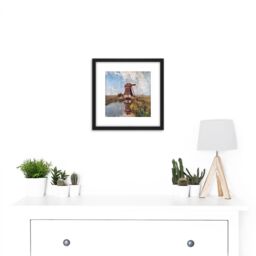 Artery8 Gabriel Windmill Polder Waterway Month July Painting 8X8 Inch Square Wooden Framed Wall Art Print Picture with Mount in Black - thumbnail 2