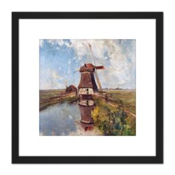 Artery8 Gabriel Windmill Polder Waterway Month July Painting 8X8 Inch Square Wooden Framed Wall Art Print Picture with Mount in Black - thumbnail 1