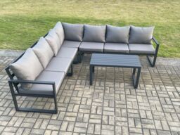 Fimous Aluminium Patio Outdoor Garden Furniture Lounge Corner Sofa Set with Oblong Coffee Table Dark Grey - thumbnail 1