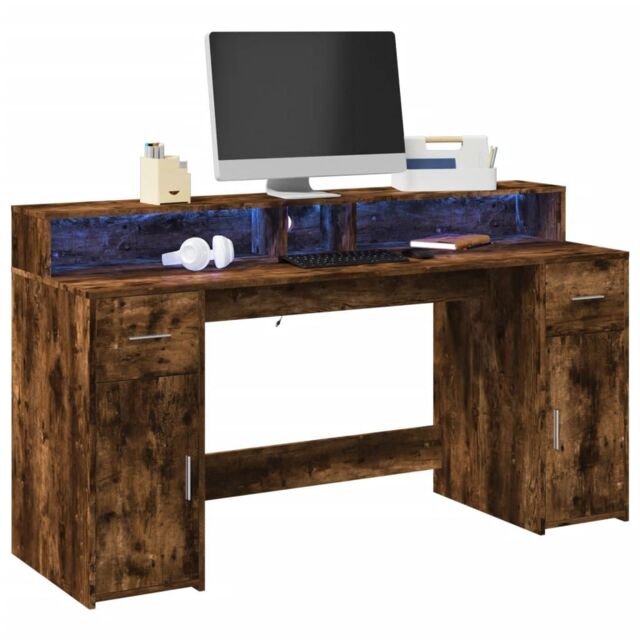 Berkfield Home Desk with LED Lights Smoked Oak 160x55x91 cm Engineered Wood in Brown - Size: 160 x 55 x 91 cm - image 1