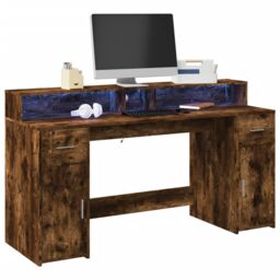 Berkfield Home Desk with LED Lights Smoked Oak 160x55x91 cm Engineered Wood in Brown - Size: 160 x 55 x 91 cm - thumbnail 1