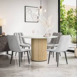 More4Homes Arlo White Marble Table Top W Oak Legs + Nova Velvet Dining Chair Set Of 6 in Grey