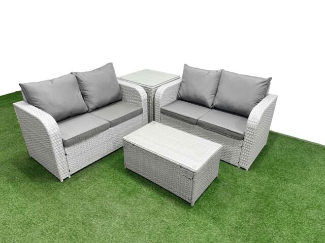 Fimous 4 Seater Outdoor Love Sofa Set Rattan Garden Furniture Set with Rectangular Coffee Table Side Table Light Grey - image 1