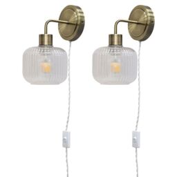 First Choice Lighting Set of 2 Toby - Antique Brass Plug in Wall Lights Ribbed Glass Shades in Gold - thumbnail 1