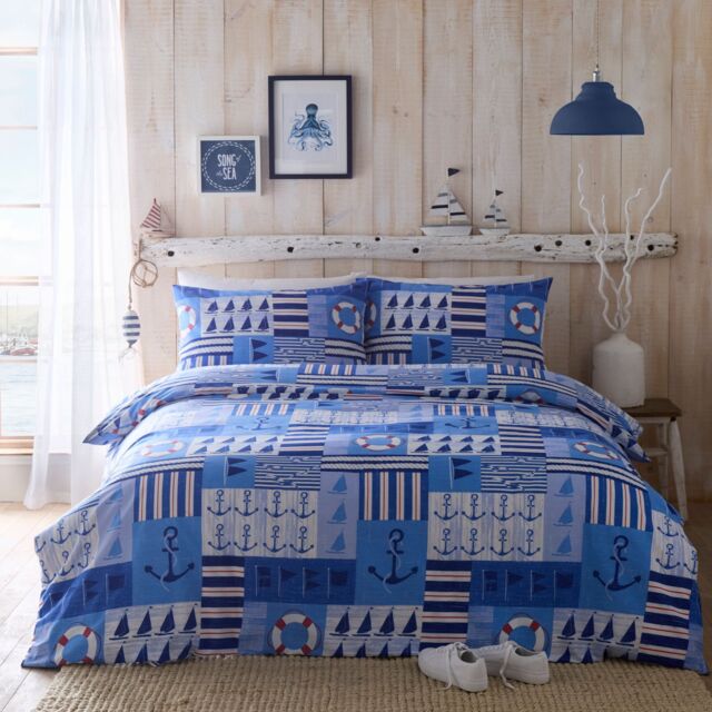 Portfolio Home Regatta Nautical Reversible Duvet Cover Quilt Set with Pillowcase in Blue - Size: Single - image 1