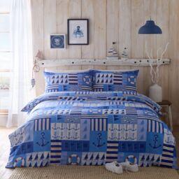 Portfolio Home Regatta Nautical Reversible Duvet Cover Quilt Set with Pillowcase in Blue - Size: Single - thumbnail 1