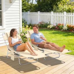 OUTSUNNY Sun Lounger with Reading Hole, Folding Garden Lounger in Beige - thumbnail 1