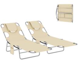 OUTSUNNY Sun Lounger with Reading Hole, Folding Garden Lounger in Beige - thumbnail 2