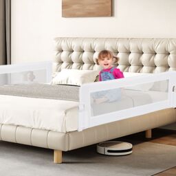 Costway Foldable Bed Rail Toddlers 152cm Swing Down Baby Bed Guard Rail-White in White - thumbnail 2