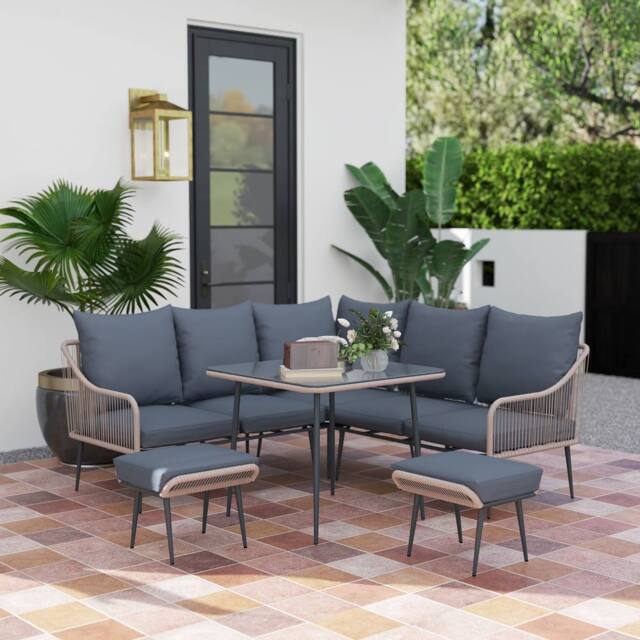 OUTSUNNY 6 Piece Garden Furniture Set Garden Sofa with Cushions in Light Brown - image 1