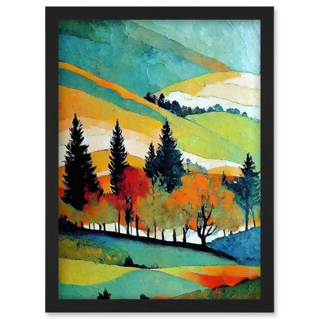 Artery8 Colourful Autumn Landscape Scotland Hillside Forest Oil Painting Artwork Framed Wall Art Print A4 in Black - image 1