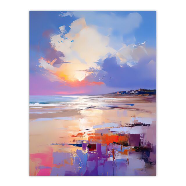 "Artery8 Wall Art Print Beach Sunrise Abstract Painting Serene Coastal Landscape Poster in Blue - Size: W18"" x H24""" - image 1