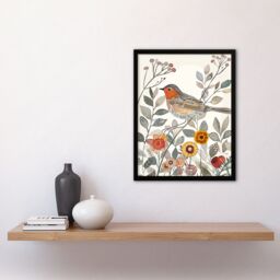 "Artery8 Robin Bird Garden Flowers Bright Folk Art Framed Art Print - Size: W12"" x H16""" - thumbnail 4