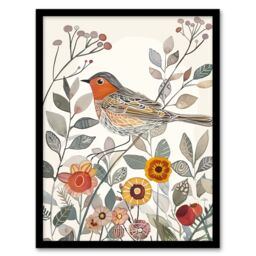 "Artery8 Robin Bird Garden Flowers Bright Folk Art Framed Art Print - Size: W12"" x H16""" - thumbnail 1