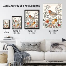 "Artery8 Robin Bird Garden Flowers Bright Folk Art Framed Art Print - Size: W12"" x H16""" - thumbnail 3