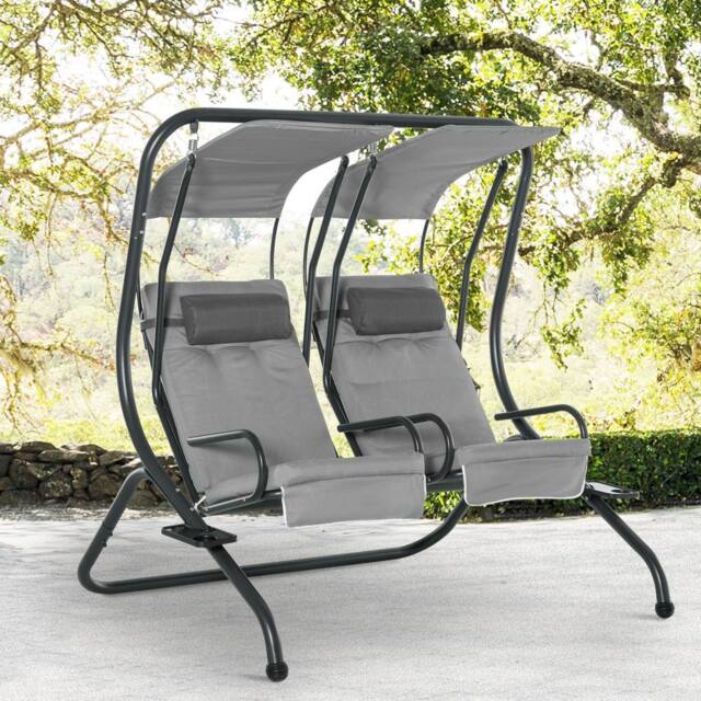 OUTSUNNY Canopy Swing 2 Separate Relax Chairs w/ Removable Canopy in Grey - image 1