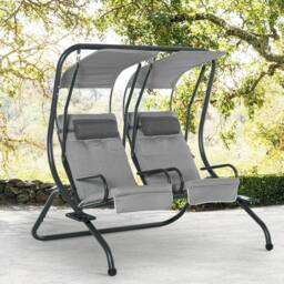 OUTSUNNY Canopy Swing 2 Separate Relax Chairs w/ Removable Canopy in Grey - thumbnail 1