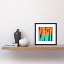 Artery8 Trees In Autumn Modern Landscape Turquoise Orange Illustration Square Wooden Framed Wall Art Print Picture 8X8 Inch in Black - thumbnail 2