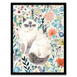 "Artery8 Ragdoll Cat Lover Pet & Watercolour Wildflowers Framed Wall Art - Size: W12"" x H16""" - thumbnail 1