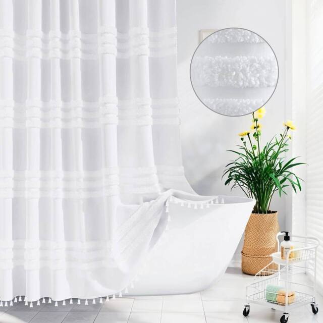 INHOUSOLU HOME DECOR Modern Shower Curtain Boho Tufted Textured Striped Tassel in White - image 1