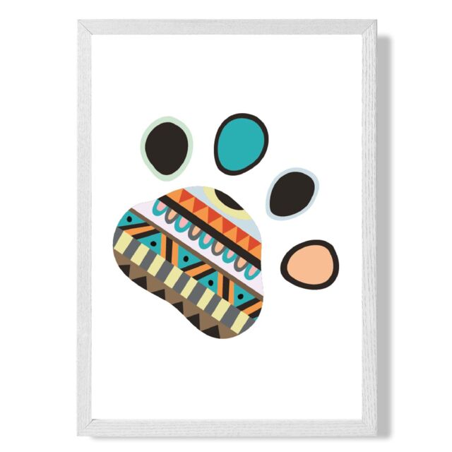 ARTZE Tribal Animal Paw Print Framed Print SIZE: A3 with White Frame in Bright Blue - Size: A4 - image 1