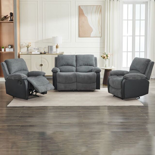 FURNITURE ONE Manual Reclining Sofa Set, Corduroy Fabric Sofa Suite - 1+1+2 Sofa Set in Grey - Size: 1 Pack - image 1
