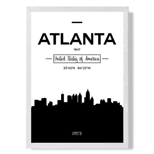 ARTZE Atlanta Black & White City Skyline Framed Print SIZE: A3 with White Frame - Size: A4 - image 1