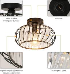 Goeco Ceiling Light Crystal, E27 Modern Ceiling Light with Glass Lampshade in Black - thumbnail 7