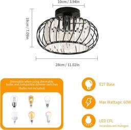 Goeco Ceiling Light Crystal, E27 Modern Ceiling Light with Glass Lampshade in Black - thumbnail 5