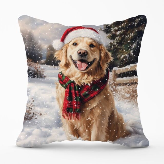 Warren Reed - Designer Christmas Golden Retriever Cushion in Yellow - Size: 60 cm x 60 cm - image 1
