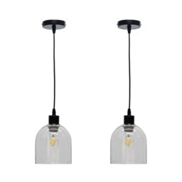 First Choice Lighting Set of 2 Belten - Clear Glass Cloche with Black Pendant Fittings