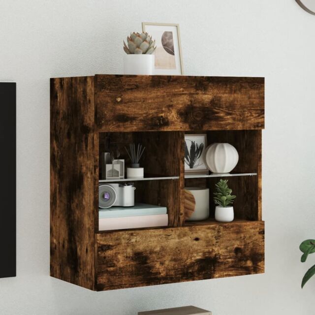 Berkfield Home TV Wall Cabinet with LED Lights Smoked Oak 58.5x30x60.5 cm in Brown - image 1