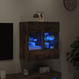 Berkfield Home TV Wall Cabinet with LED Lights Smoked Oak 58.5x30x60.5 cm in Brown - thumbnail 4