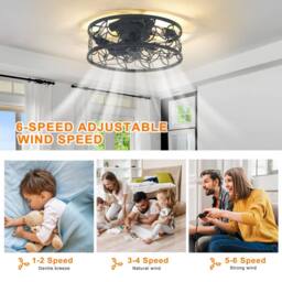 Garwarm Ceiling Light Fan with Remote Control 50cm Metal Fan for Bedroom Flush Mount Modern Decor Light Fan E27 Lamps Black 4 Light - thumbnail 2