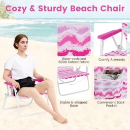 Costway 4 Pieces Beach Umbrella Set Portable Parasol w/2 Foldable Chairs in Pink - thumbnail 5