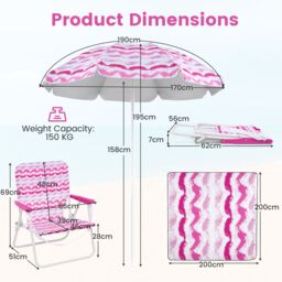 Costway 4 Pieces Beach Umbrella Set Portable Parasol w/2 Foldable Chairs in Pink - thumbnail 2