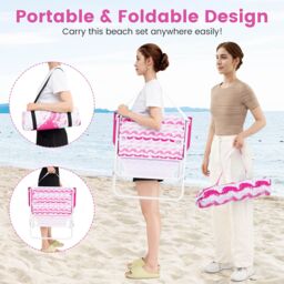 Costway 4 Pieces Beach Umbrella Set Portable Parasol w/2 Foldable Chairs in Pink - thumbnail 9