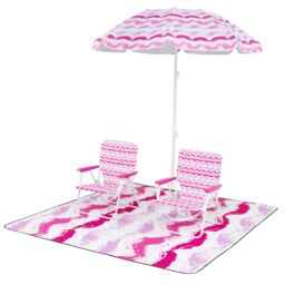 Costway 4 Pieces Beach Umbrella Set Portable Parasol w/2 Foldable Chairs in Pink - thumbnail 1
