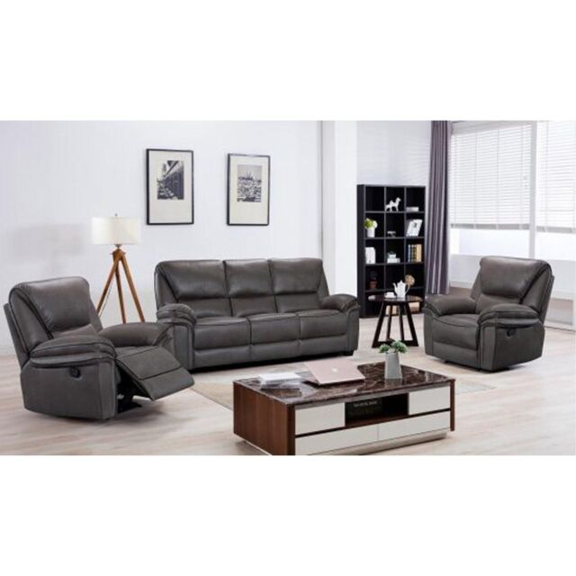 Furnishings For Less UK Boston Grey Fabric Large 3 Piece Sofa Suite Manual Reclining Armchairs + Static 3 Seater Seater Sofa - image 1