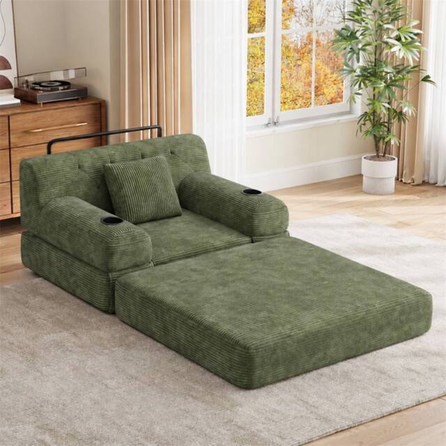 Direct Wicker 1-Seater Corduroy Sleeper Sofa with Cup Holders & Side Pockets in Green - Size: 1 Seater - image 1