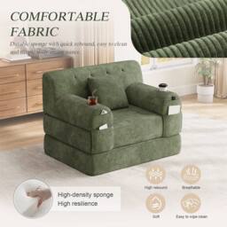 Direct Wicker 1-Seater Corduroy Sleeper Sofa with Cup Holders & Side Pockets in Green - Size: 1 Seater - thumbnail 6