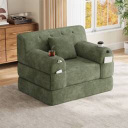 Direct Wicker 1-Seater Corduroy Sleeper Sofa with Cup Holders & Side Pockets in Green - Size: 1 Seater - thumbnail 8