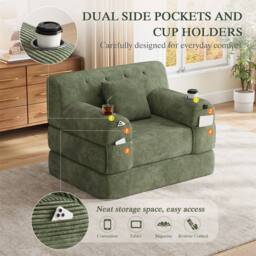Direct Wicker 1-Seater Corduroy Sleeper Sofa with Cup Holders & Side Pockets in Green - Size: 1 Seater - thumbnail 3