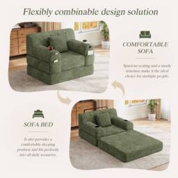 Direct Wicker 1-Seater Corduroy Sleeper Sofa with Cup Holders & Side Pockets in Green - Size: 1 Seater - thumbnail 4