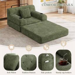 Direct Wicker 1-Seater Corduroy Sleeper Sofa with Cup Holders & Side Pockets in Green - Size: 1 Seater - thumbnail 2