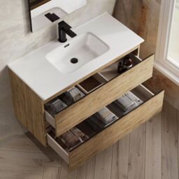 Banyetti Vatilla 1000mm Wall Hung Vanity Unit with Athena Basin - Ostippo Oak in Light Oak - thumbnail 3