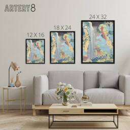 "Artery8 Ono Waterfall On The Kisokaido Framed Canvas Wall Art Print Hokusai in Orange - Size: W12"" x H16""" - thumbnail 4
