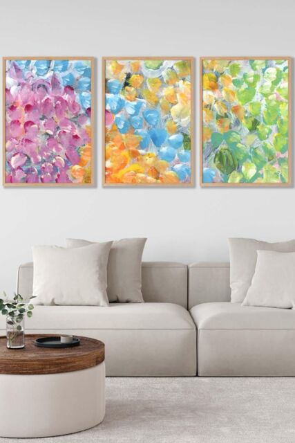 ARTZE Set of 3 Oak Framed Abstract Tropical Summer Fruits Wall Art in Bright Pink - Size: W33 cm x H45 cm x D20mm - image 1